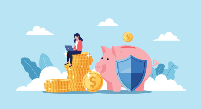 Professional woman working on her laptop while sitting on a stack of coins next to a large piggy bank with a shield for financial security.