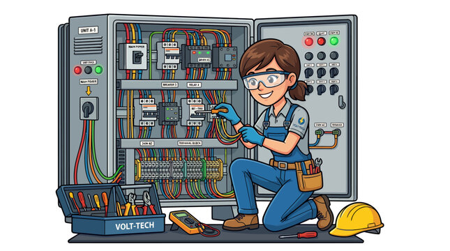 Woman working with electrical panel tools.