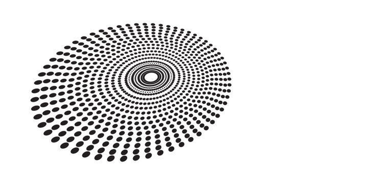 Abstract Halftone Circle Dot Pattern, Radial Design, Black and White. Halftone dots in circle form. round logo. vector dotted frame. design element. Universe spiral golden ratio fibonacci halftone dot