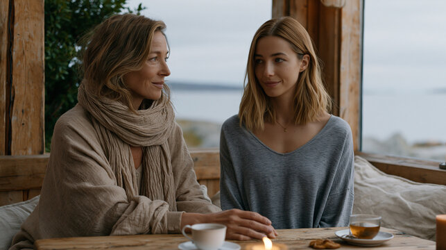 Sami woman sits opposite her estranged sister at a cafe table, one reaching her hand across, the other not yet ready to take it, apology and forgiveness in process, two cups of
