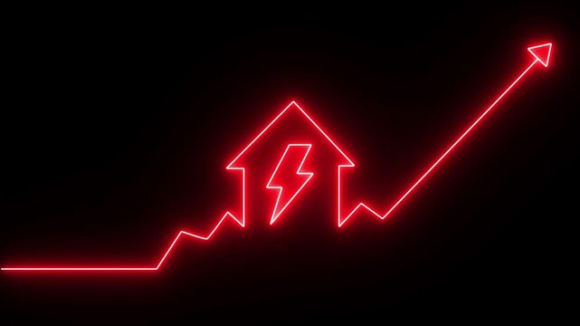 Neon house with lightning bolt rising growth graph, real estate energy efficiency and electricity cost increase concept, glowing red line animation