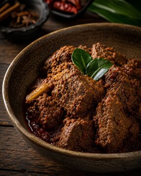 Indonesian beef rendang in rustic bowl