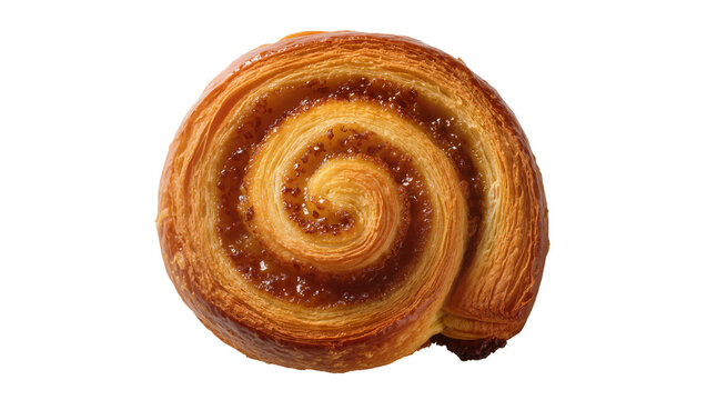Golden brown spiral pastry with sweet jam filling, isolated on transparent background