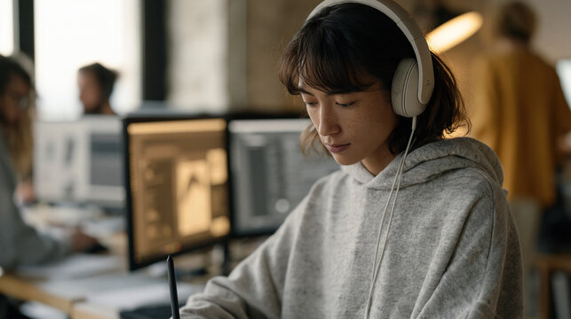 Filipino neurodivergent graphic designer working at a standing desk in a quiet corner of a creative studio, headphones on, multiple monitors tiled with organized windows,