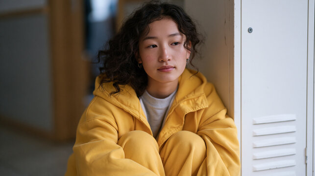 Mongolian teenage girl sitting behind her locker door in a school hallway, knees pulled to chest, missing a social event audible nearby, eye-level intimate framing at floor level,
