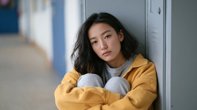 Mongolian teenage girl sitting behind her locker door in a school hallway, knees pulled to chest, missing a social event audible nearby, eye-level intimate framing at floor level,