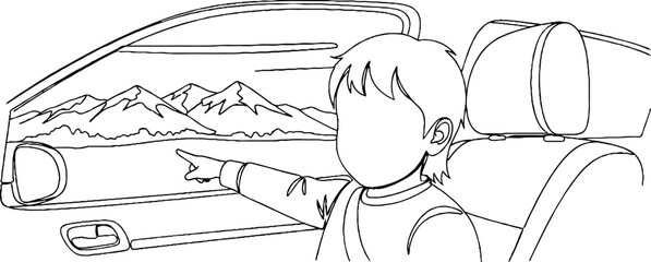 Fototapeta premium Child pointing at mountain landscape from car window.