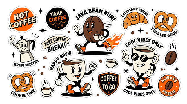 Vintage Style Coffee Bean Mascots and Cafe Sticker Collection
