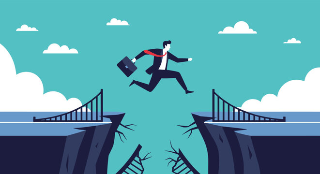 Businessman with a briefcase jumping across a gap between broken bridge sections, representing risk taking and overcoming obstacles in career.