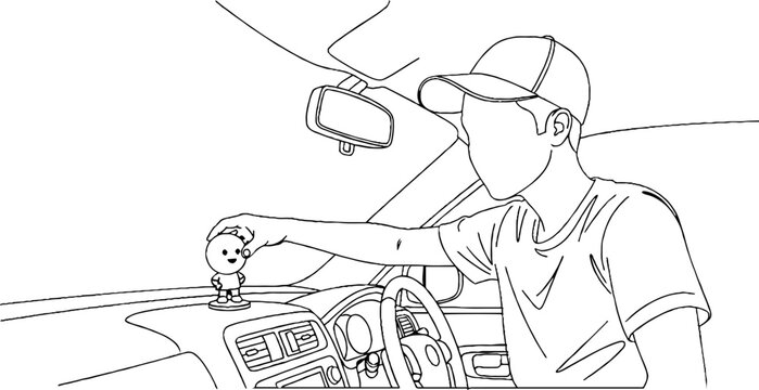 Man driving car with small figurine on dashboard.