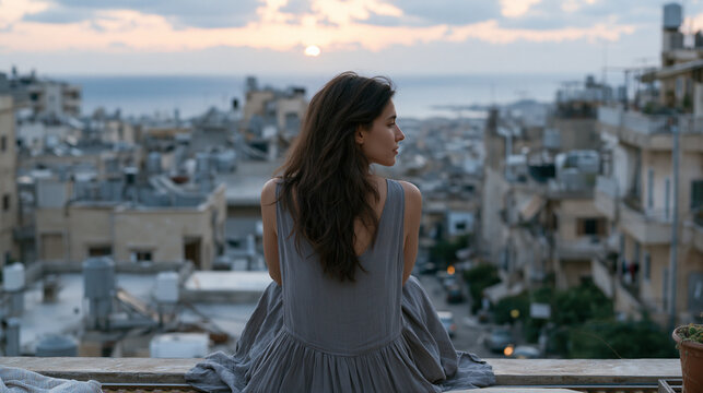 Lebanese woman in her thirties sits on a fire escape overlooking an empty city alley at dusk, surrounded by apartment buildings with no visible neighbors, isolation visible in her