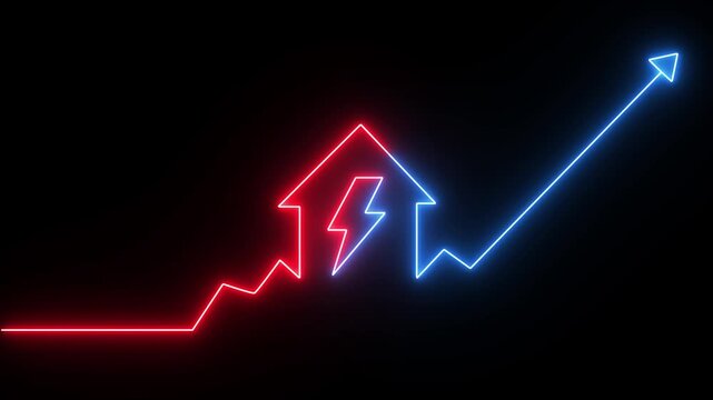 Neon house energy efficiency graph, rising power costs and electricity consumption concept, glowing red and blue line chart animation on black background