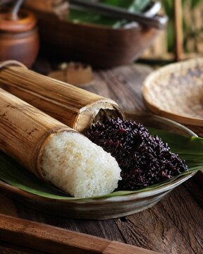 Indonesian lemang glutinous rice in bamboo
