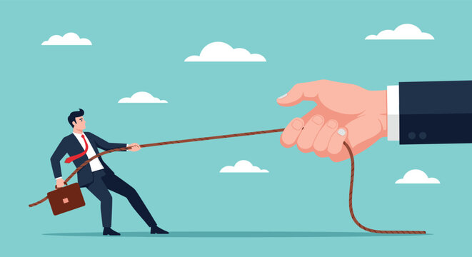 Businessman in a tug of war with a giant hand pulling a rope, representing the struggle against corporate power or large scale challenges.