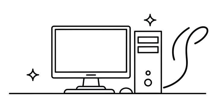 Simple line art icon of a desktop computer with a monitor and tower Vector, illustration