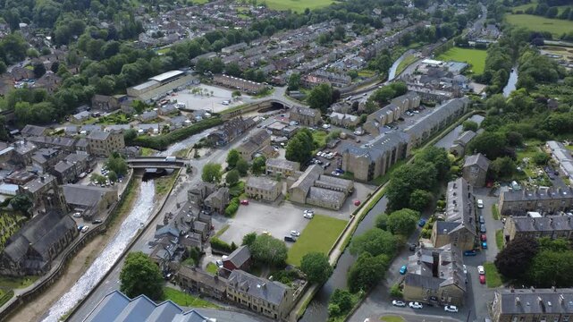 High aerial view of the village of Mytholmroyd in Calderdale west yorkshire showing the river canal and roads