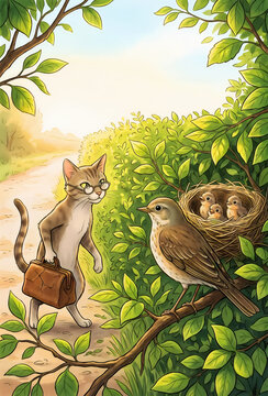 A storybook cat wearing glasses carries a bag past a bird nest in a hedge with illustration, hedgerow