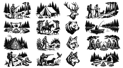 Obraz premium Set of Outdoor Camping and Wilderness Hunting Icons in Black and White Silhouette Style