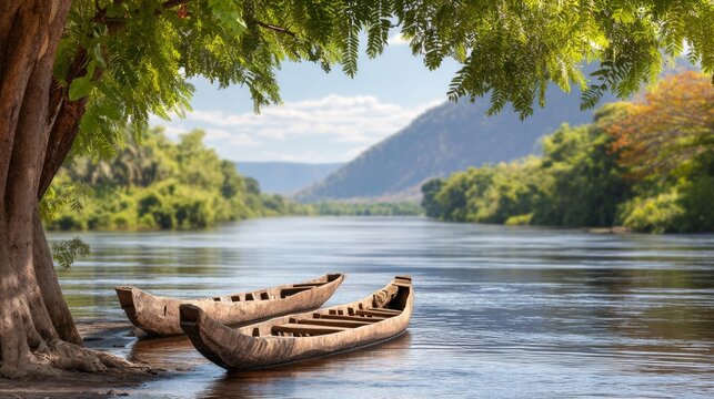 Traditional Canoes on a Serene Riverbank in the Congo Landscape