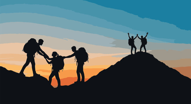 Silhouette of hikers with backpacks climbing mountain ridges at sunset; team members assisting each other while others celebrate at the peak against a gradient sky.