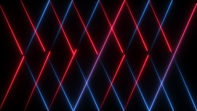 Neon red and blue laser light lines abstract background, glowing geometric motion dynamic digital pattern for tech presentations and music visuals