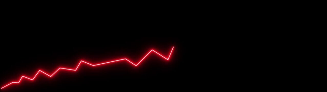Red neon growth chart line rising upward, financial success and business analytics concept, digital data visualization on black background
