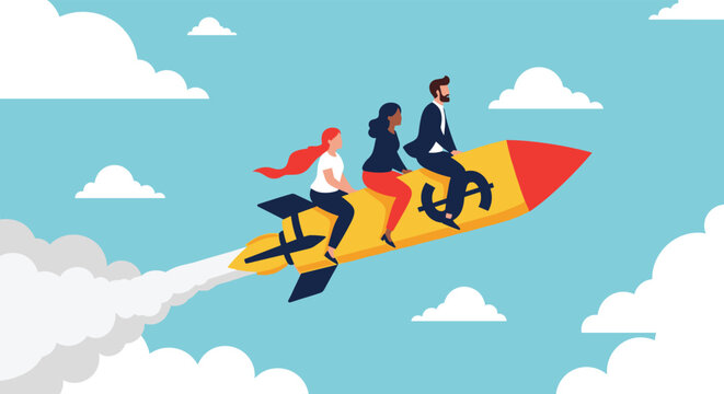 Group of business professionals riding a fast rocket across the sky to represent rapid company growth and achieving ambitious targets.