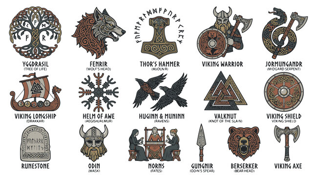 Viking Mythology Symbols and Cultural Icons Set with Tree of Life and Battle Equipment