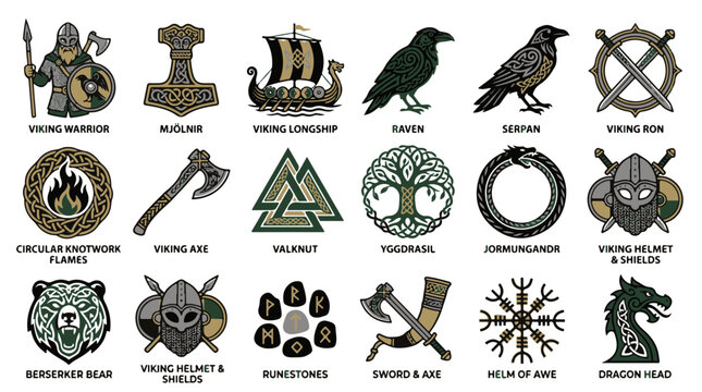 Viking Symbols and Elements Collection Including Warriors Weapons and Mythological Icons