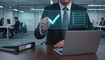 Fototapeta premium Businessman managing digital workflow with holographic interface, approving documents, and streamlining tasks in modern office.