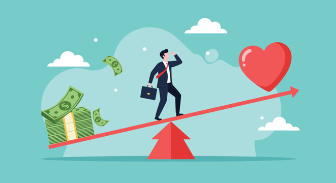 Businessman balancing on a red seesaw between a large red heart and a stack of money symbolizing the struggle between work and life.