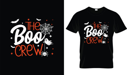 Fototapeta premium Halloween T-Shirt The Boo Crew Cute Ghost Typography Design with Spider Web, Bats and Spider Funny Spooky Season Graphic for Family Halloween Apparel, Sublimation and Merch