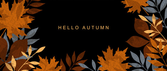 Abstract autumn background with beautiful leaves. Thanksgiving and harvest festival. Leaf fall horizontal banner. Vector illustration for the design of poster, card, cover, flyer, advertisement, print