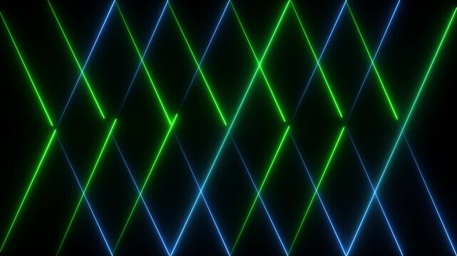Neon laser light grid background, glowing blue and green geometric lines motion loop, abstract cyberpunk digital technology visual for vj and stage