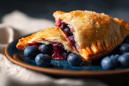 Blueberry hand pie on a plate. Golden flaky pastry crust filled with fresh fruit. Traditional homemade dessert for summer breakfast. Sweet snack and bakery item for gourmet menu.