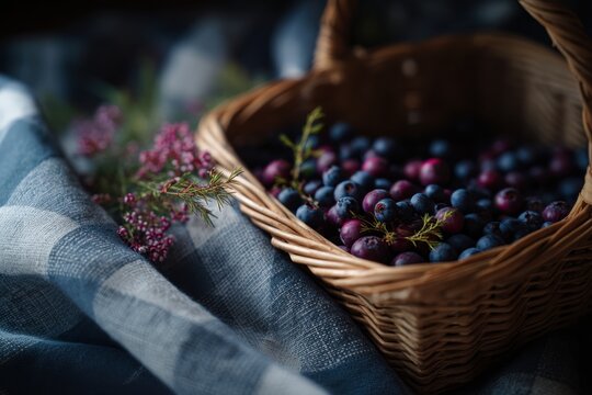 Fresh blueberry in wicker basket on checkered fabric. Organic berries harvest for healthy nutrition and summer snack. Rustic kitchen still life with woodland bounty on wooden table.
