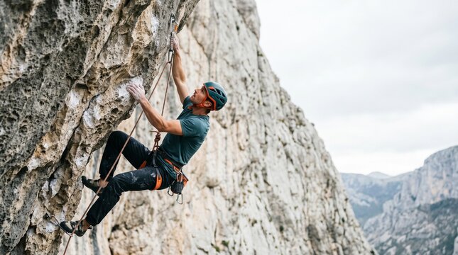 Male rock climber scaling steep cliff in mountainous landscape  
