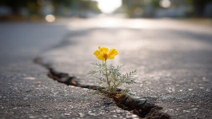 Fototapeta premium Yellow flower growing through crack in asphalt road. Symbol of resilience and hope. Nature overcoming concrete city environment. Struggle for life in urban landscape, growth concept.