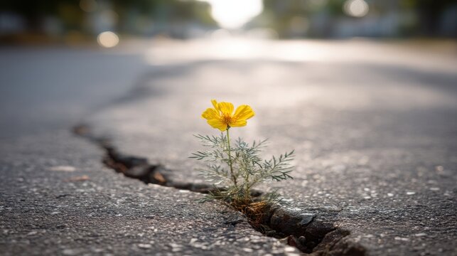 Yellow flower growing through crack in asphalt road. Symbol of resilience and hope. Nature overcoming concrete city environment. Struggle for life in urban landscape, growth concept.