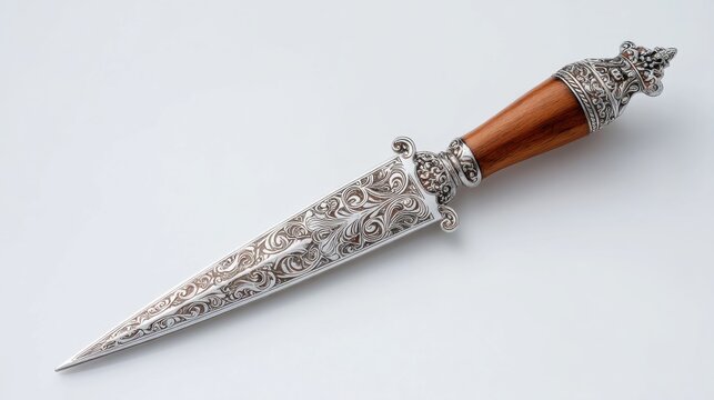 Ornate decorative dagger with an engraved metal blade and a polished wooden handle isolated on a white background. Historic weapon collectible for fantasy roleplay or display collection.
