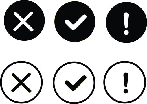 Check Mark Cross and Exclamation Warning Icons Set, yes no warning, tik mark and not icon