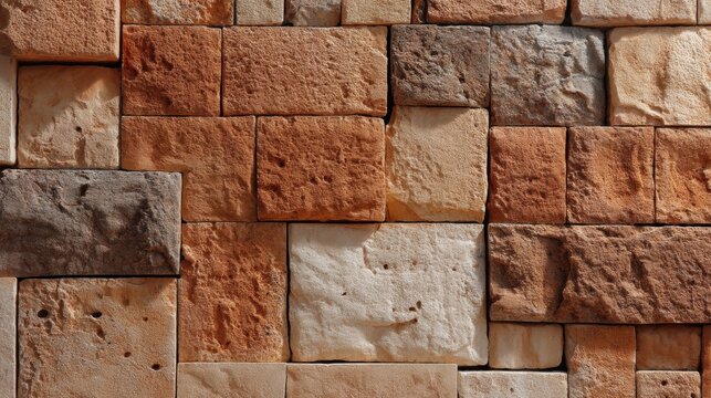 Textured wall made of natural sandstone blocks. Brown brick surface backdrop. Decorative stone masonry pattern for cladding architecture design. Solid element for exterior building construction.