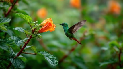Naklejka premium Hummingbird feeding on a vibrant orange flower in a lush green garden. Wildlife in nature, macro detail of avian behavior. Concept of pollination, ecological balance and biodiversity.
