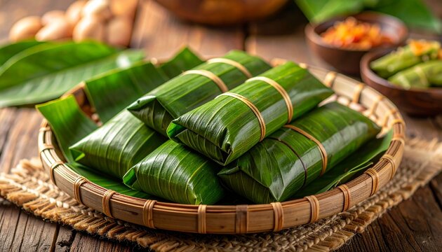 Lontong or Lemang Traditional Indonesian Rice Cake in Banana Leaf