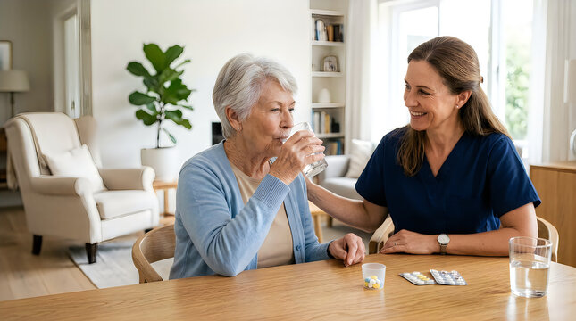 Friendly caregiver helping an elderly woman take her medicine at home in a bright living room
