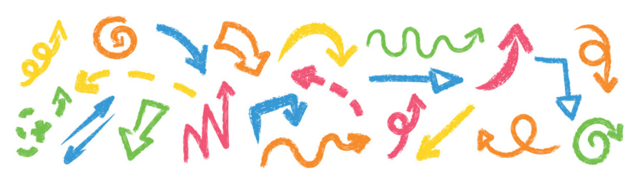 Cute kids vector set of arrows with crayon chalk texture. Bright colorful scribble pointers, curves and swirls isolated on white background. School design elements.