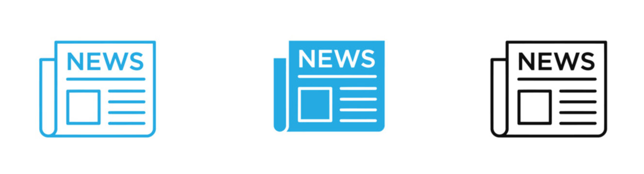 News icon set in blue and black on white background for media and journalism concepts vector illustration .