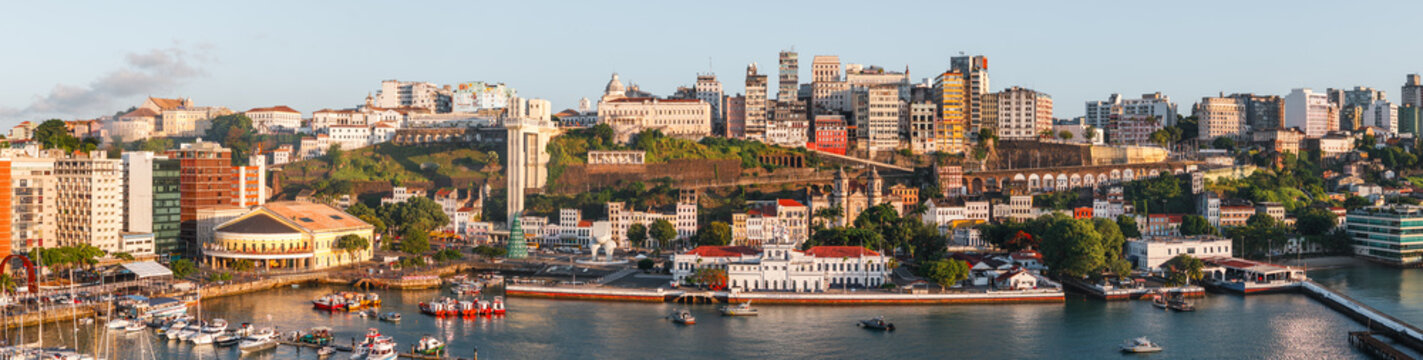 Aerial panorama of the city skyline along the bay, Salvador, Bahia, Brazil