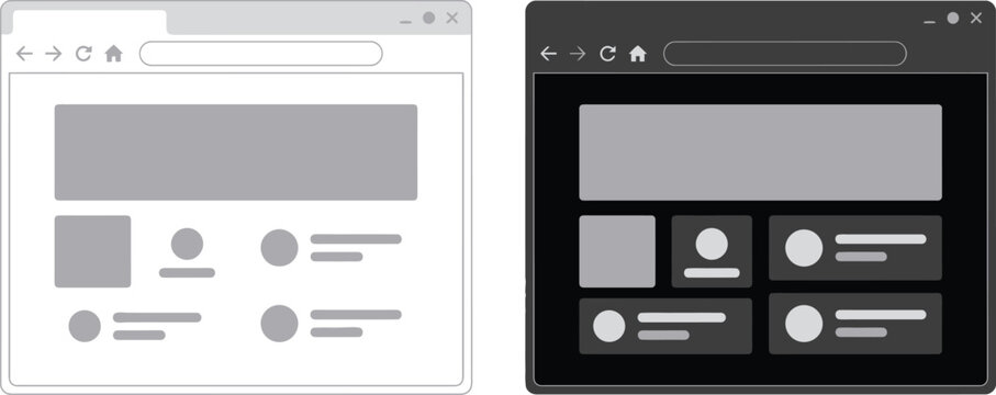 Web browser window wireframe templates light and dark mode isolated on white background vector illustration