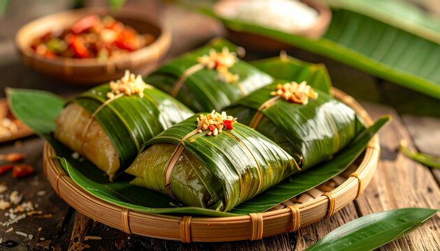 Lontong or Lemang Traditional Indonesian Rice Cake in Banana Leaf
